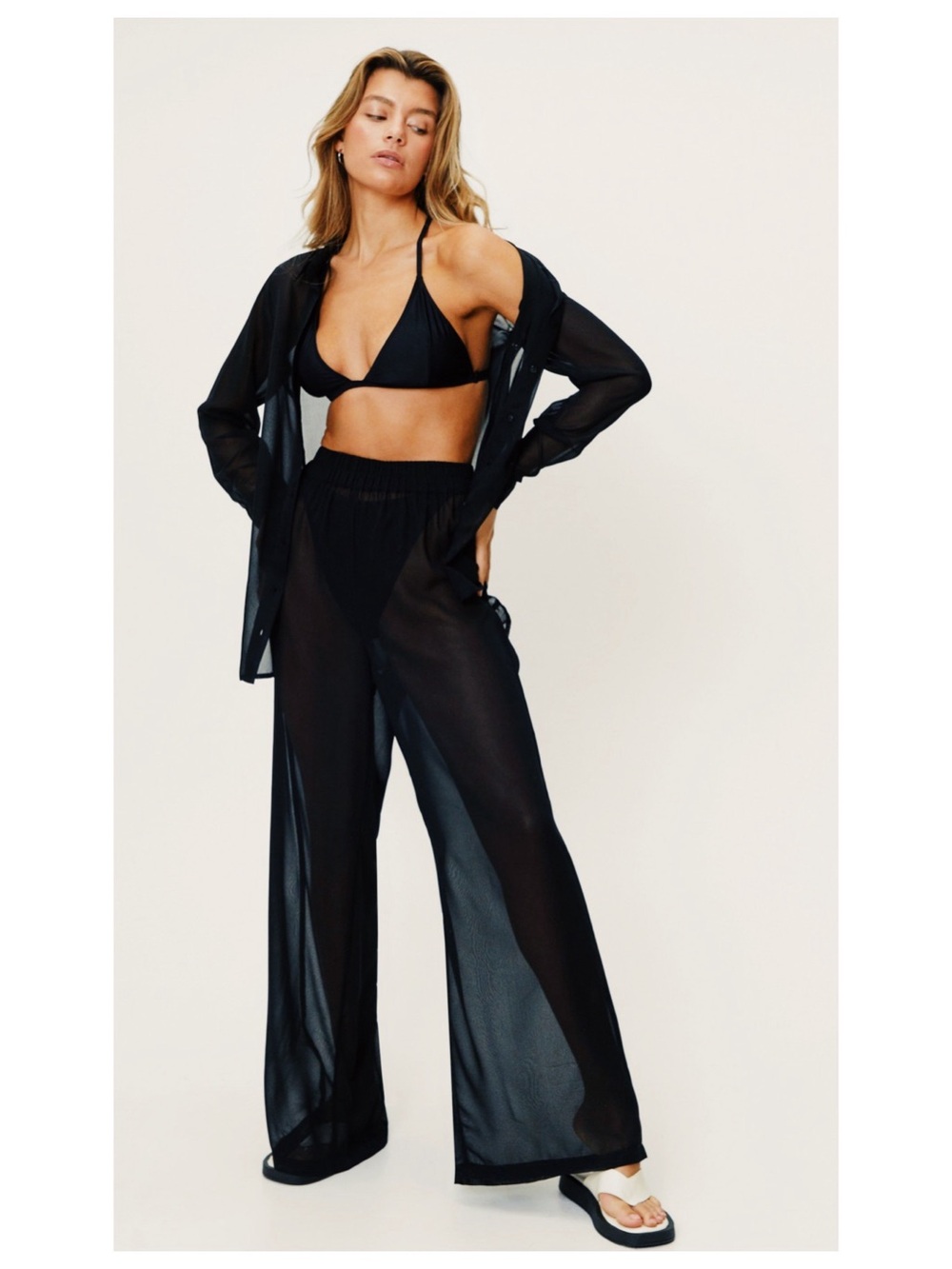 NWT Nasty Gal Beach Ya To It Chiffon Cover-Up Wide Leg Pants Black Size US 6